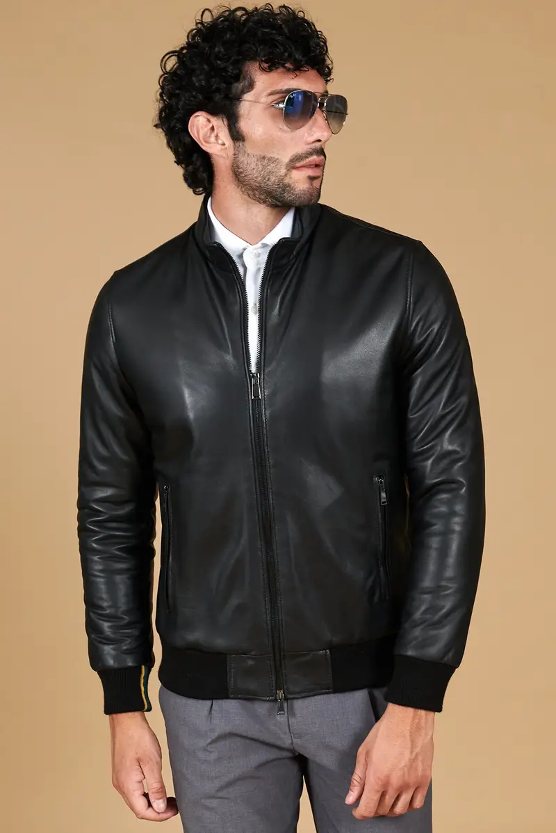 Giubbotto Bomber in pelle naturale effetto liscio D'Arienzo, Seleziona Nero