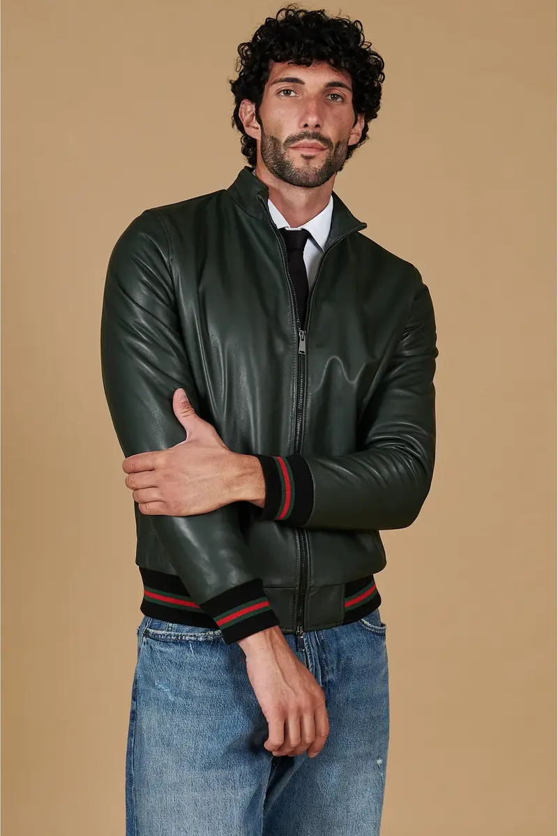 Giubbotto Bomber in pelle naturale verde effetto vintage D'Arienzo, Seleziona Verde