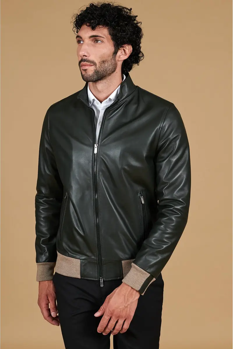 Giubbotto bomber in pelle naturale verde lana a contrasto beige D'Arienzo, Seleziona Verde