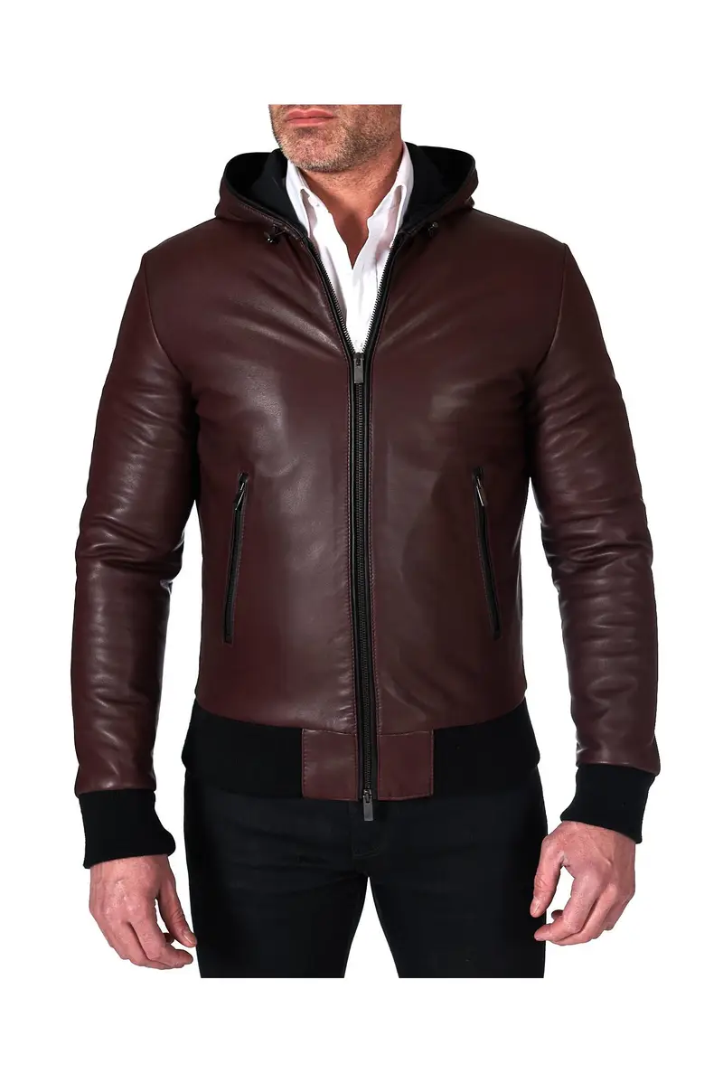 Giubbotto Bomber in pelle naturale vinaccio con cappuccio D'Arienzo, Seleziona Vinaccio