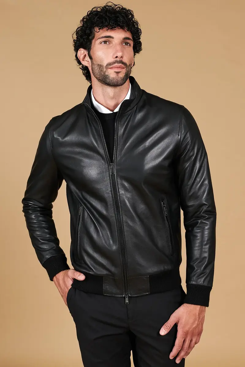 Giubbotto Bomber in pelle nera nappa effetto liscio D'Arienzo, Seleziona Nero
