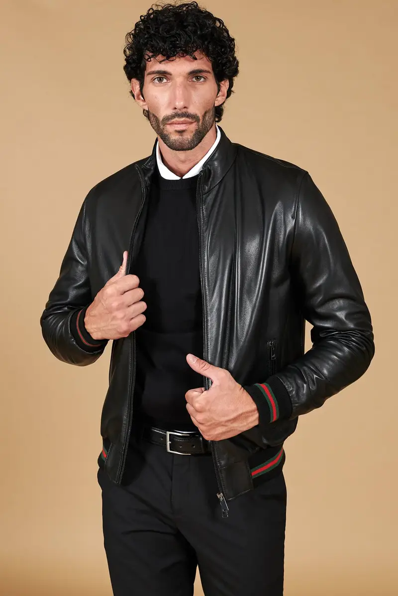 Giubbotto Bomber in pelle nera nappa effetto liscio D'Arienzo, Seleziona Nero