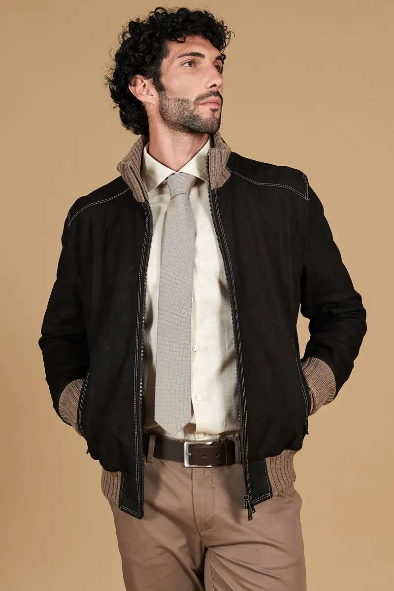 Giubbotto Bomber in pelle nubuk testa di moro impunture a constrasto D'Arienzo, Seleziona Testa di moro