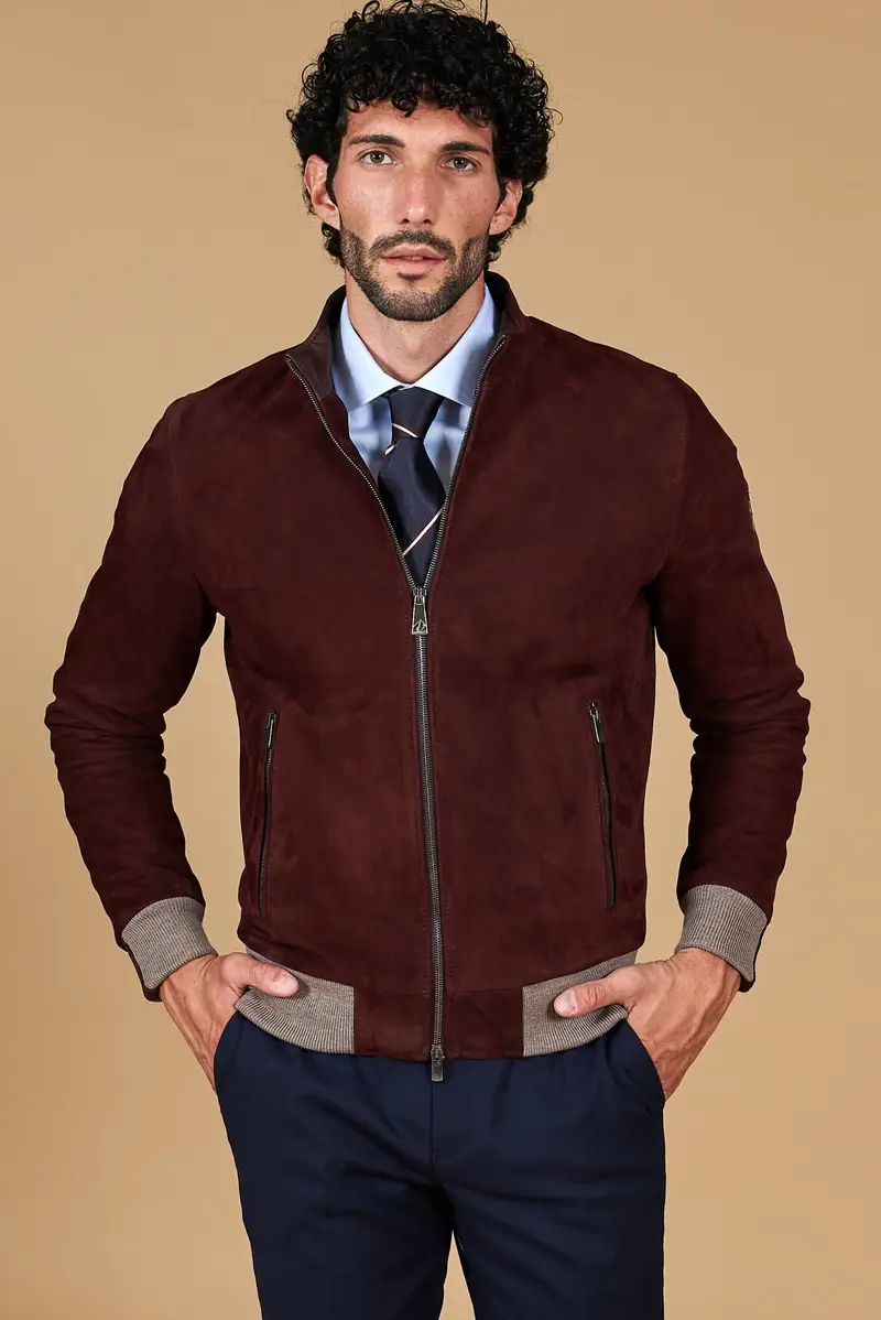 Giubbotto bomber in pelle scamosciata bordeaux collo coreana D'Arienzo, Seleziona Vinaccio