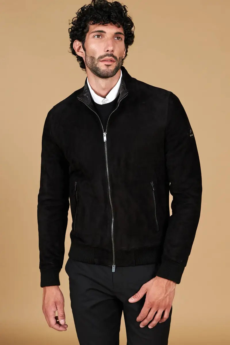 Giubbotto bomber in pelle scamosciata nera collo coreana D'Arienzo, Seleziona Nero