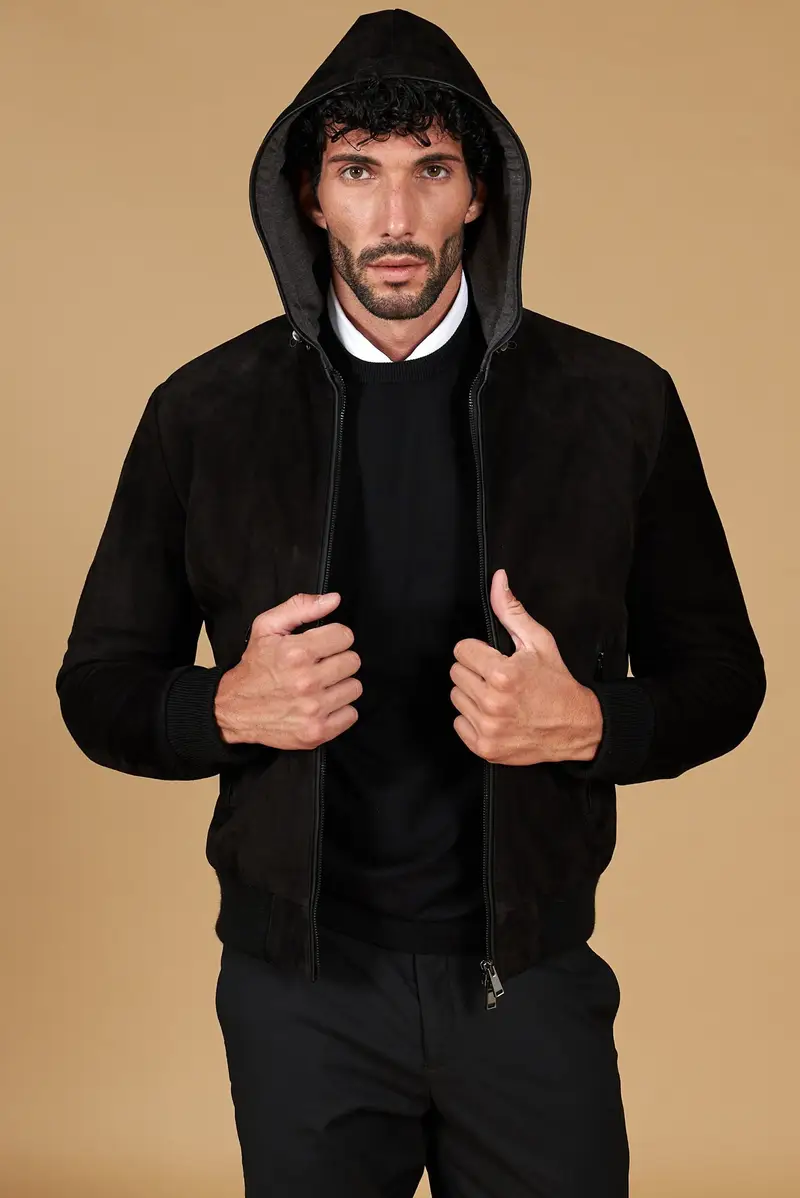 Giubbotto Bomber in pelle scamosciata nera con cappuccio D'Arienzo, Seleziona Nero