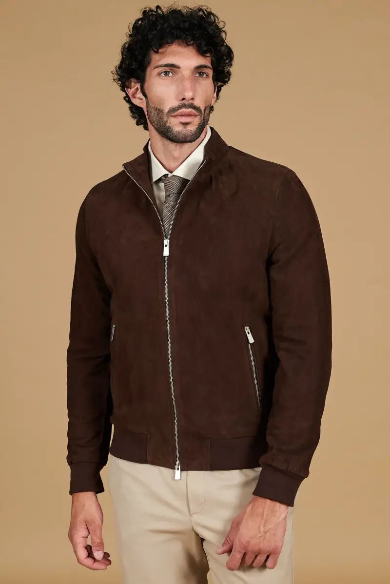 Giubbotto bomber in pelle scamosciata testa di moro tono su tono D'Arienzo, Seleziona Testa di moro