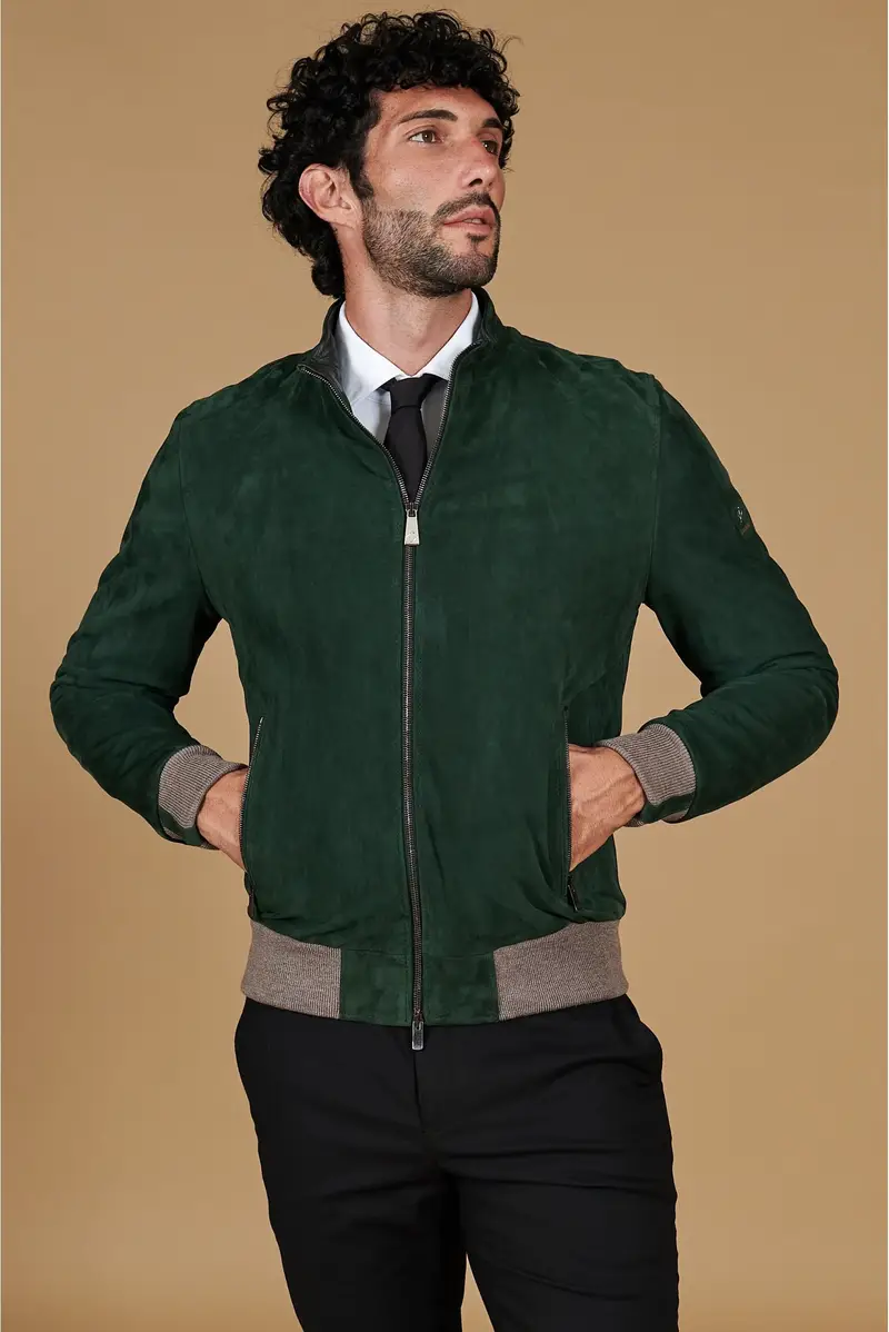 Giubbotto bomber in pelle scamosciata verde collo coreana D'Arienzo, Seleziona Verde