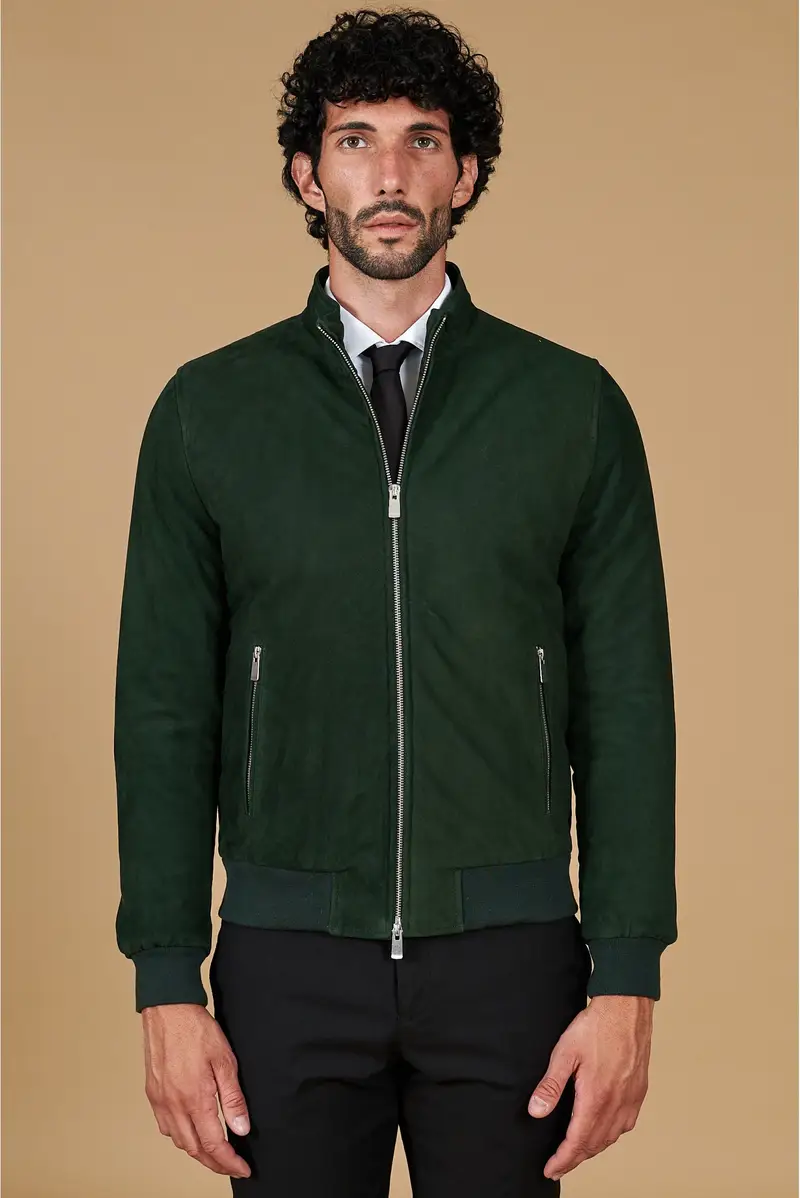 Giubbotto bomber in pelle scamosciata verde tono su tono D'Arienzo, Seleziona Verde