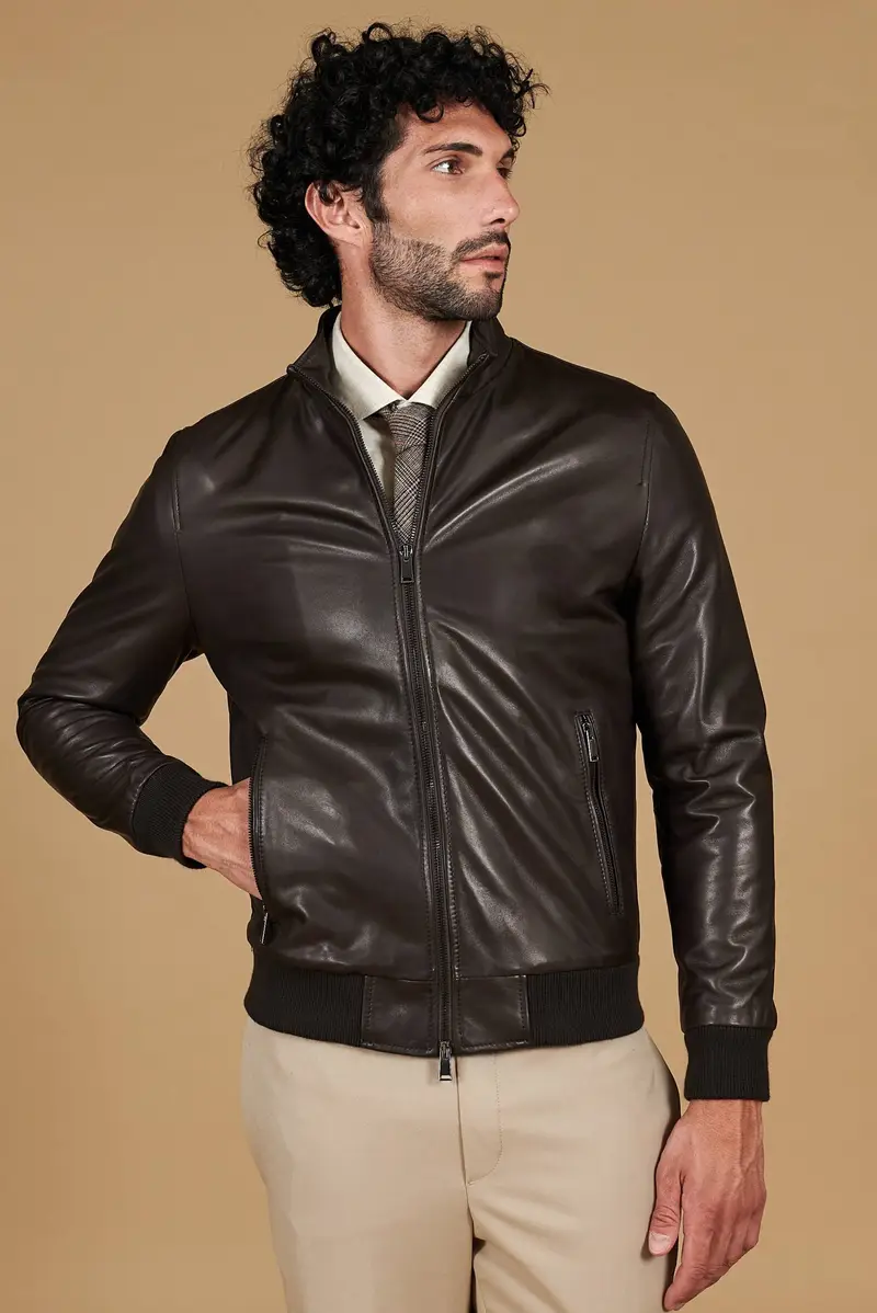 Giubbotto Bomber in pelle testa di moro effetto liscio D'Arienzo, Seleziona Testa di moro