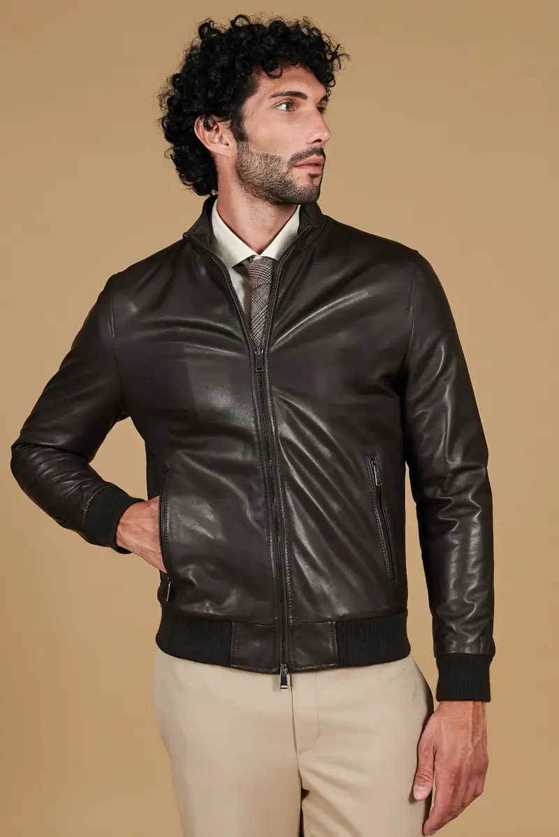 Giubbotto Bomber in pelle testa di moro effetto liscio D'Arienzo, Seleziona Testa di moro