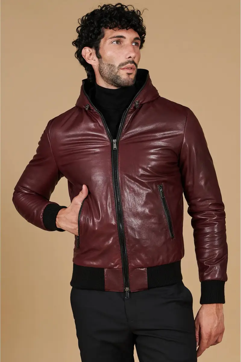 Giubbotto Bomber in pelle vintage vinaccio con cappuccio D'Arienzo, Seleziona Vinaccio