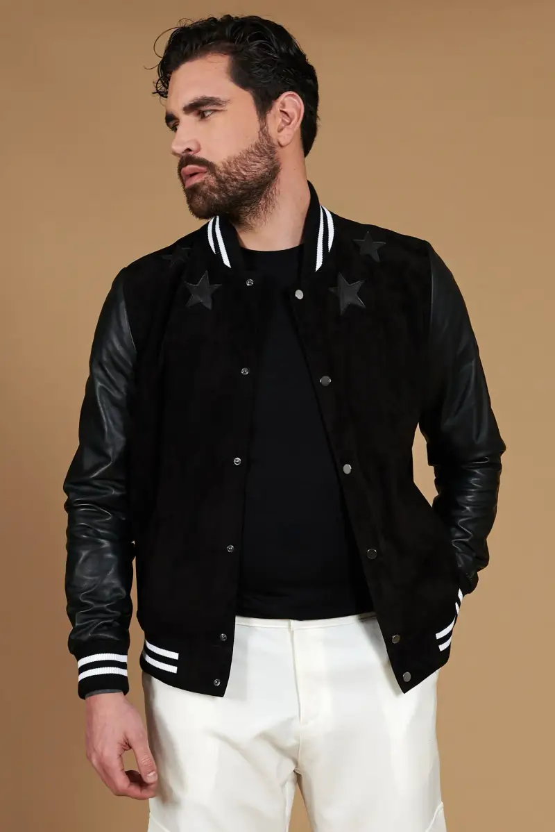 Giubbotto varsity in camoscio e pelle nera con elastico bicolore D'Arienzo, Seleziona Nero