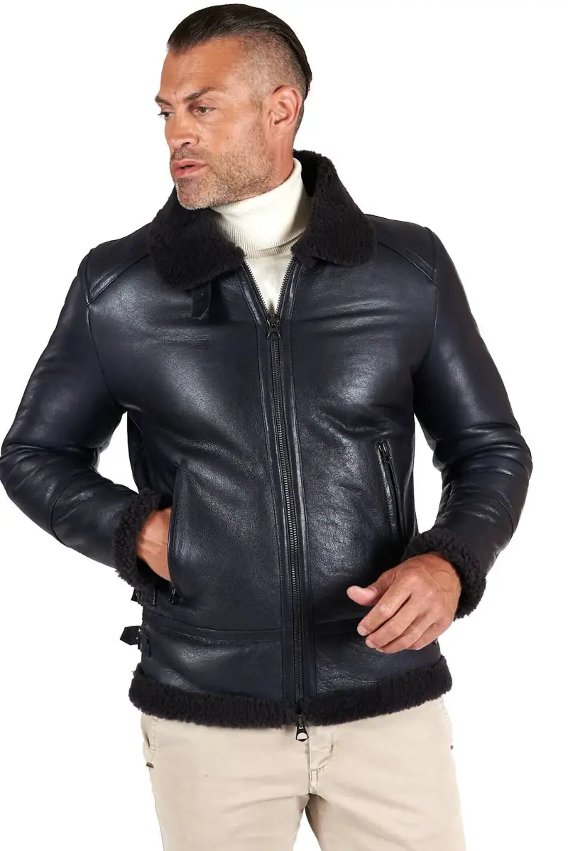 Montone blu Shearling biker uomo collo camicia con fibbia D'Arienzo, Seleziona Blu