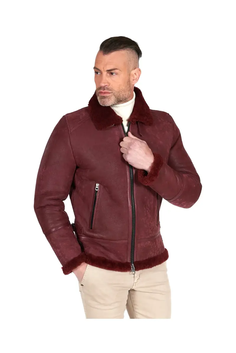Montone bordeaux Shearling biker uomo collo camicia con fibbia D'Arienzo, Seleziona Vinaccio