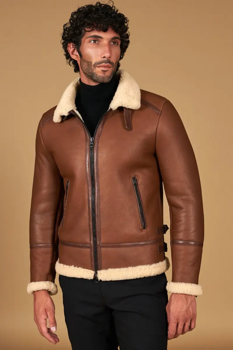 Montone cuoio shearling biker uomo collo camicia con fibbia D'Arienzo, Seleziona Cuoio