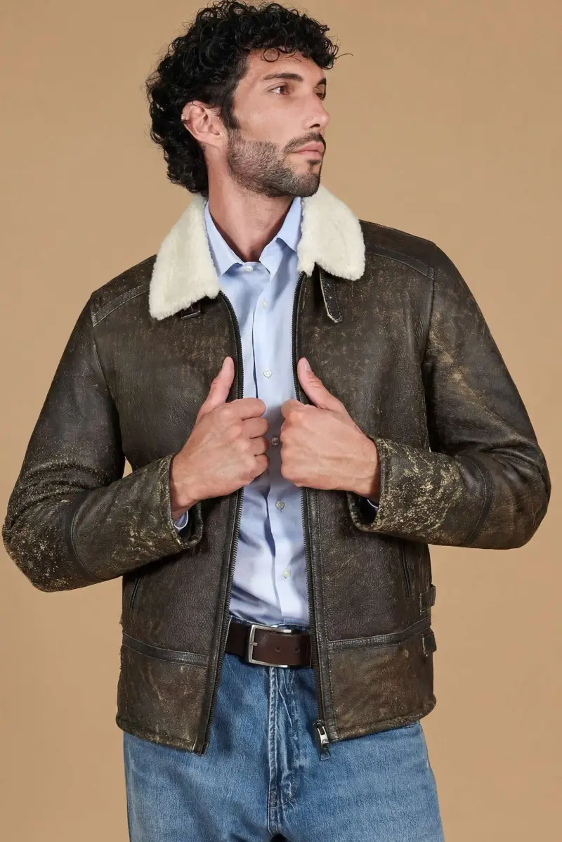 Montone safari Shearling biker uomo collo camicia con fibbia D Arienzo, Seleziona Safari