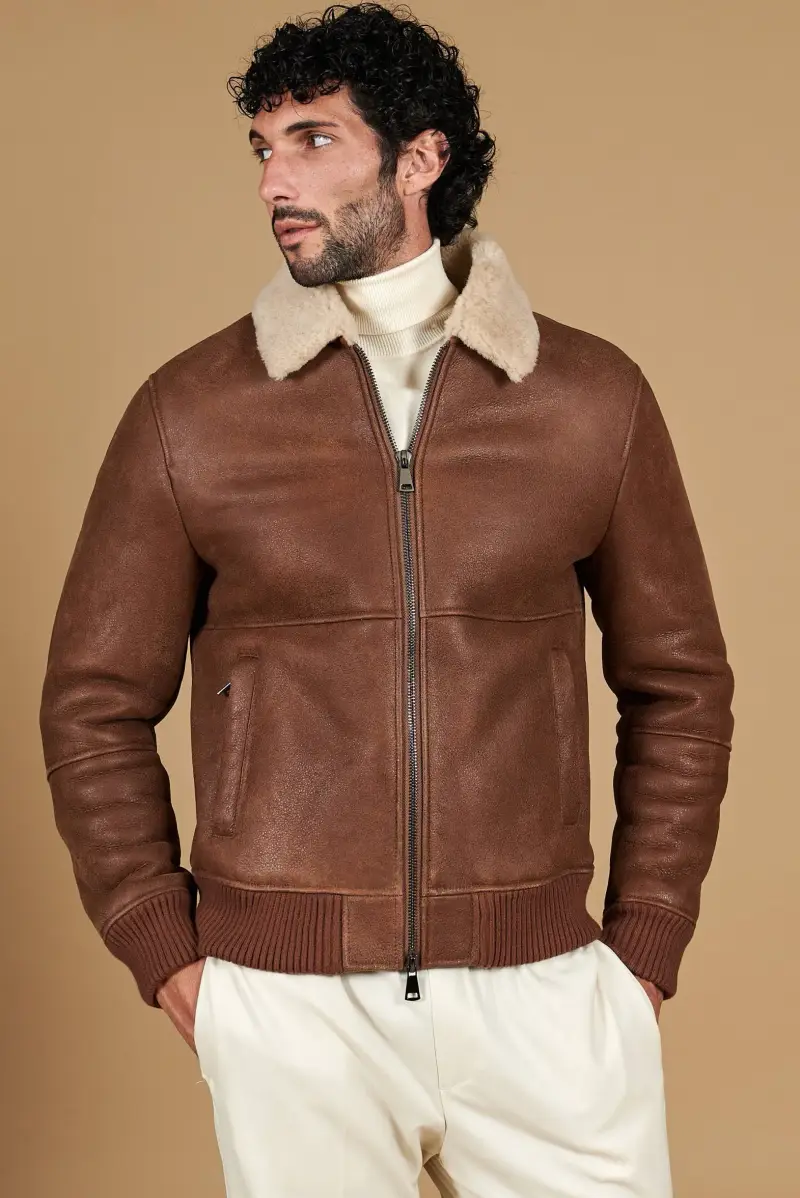Montone shearling color cuoio vintage modello bomber collo camicia D'Arienzo, Seleziona Cuoio