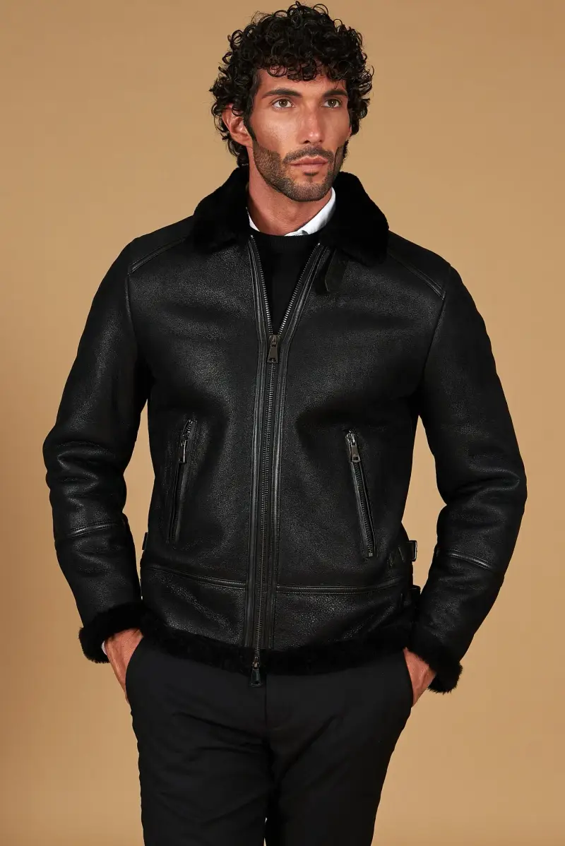Montone shearling nero biker collo camicia con fibbia D'Arienzo, Seleziona Nero
