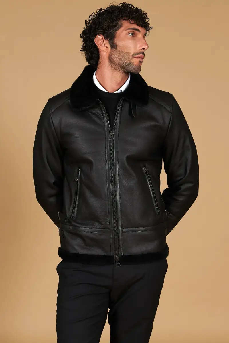 Montone shearling nero biker uomo collo camicia con fibbia D'Arienzo, Seleziona Nero