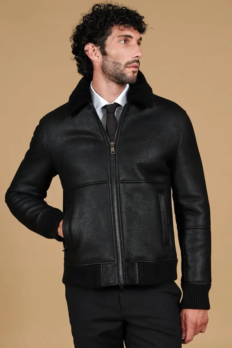 Montone shearling nero vintage modello bomber collo camicia D'Arienzo, Seleziona Nero