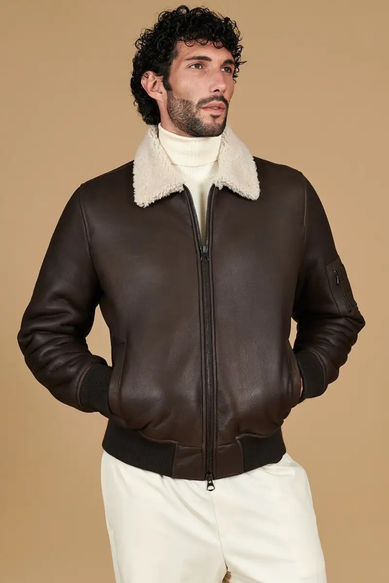 Montone Shearling testa di moro bomber collo camicia D'Arienzo, Seleziona Testa di moro