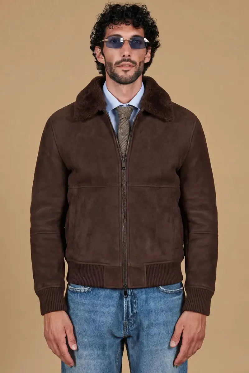 Montone shearling testa di moro bomber scamosciato collo camicia D'Arienzo, Seleziona Testa di moro