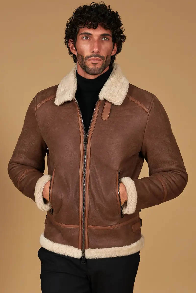 Montone shearling vintage cuoio biker collo camicia con fibbia D'Arienzo, Seleziona Cuoio