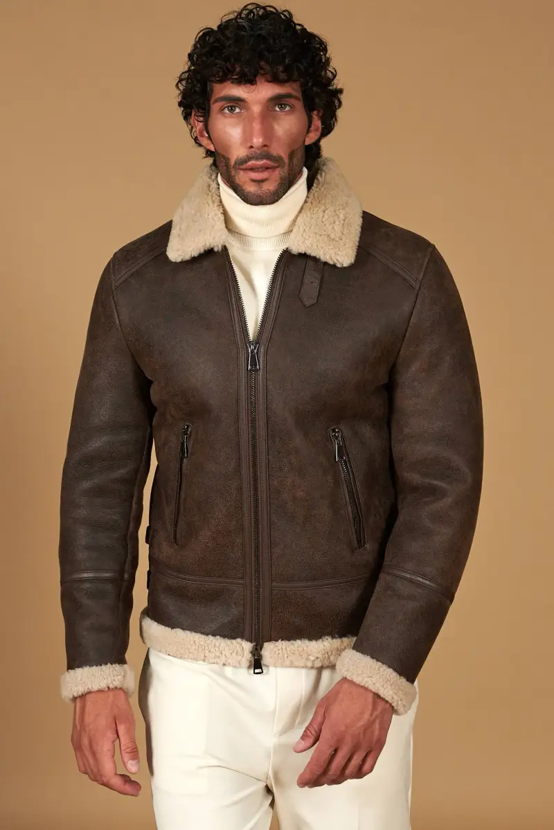 Montone shearling vintage testa di moro biker collo camicia con fibbia D Arienzo, Seleziona Testa di moro