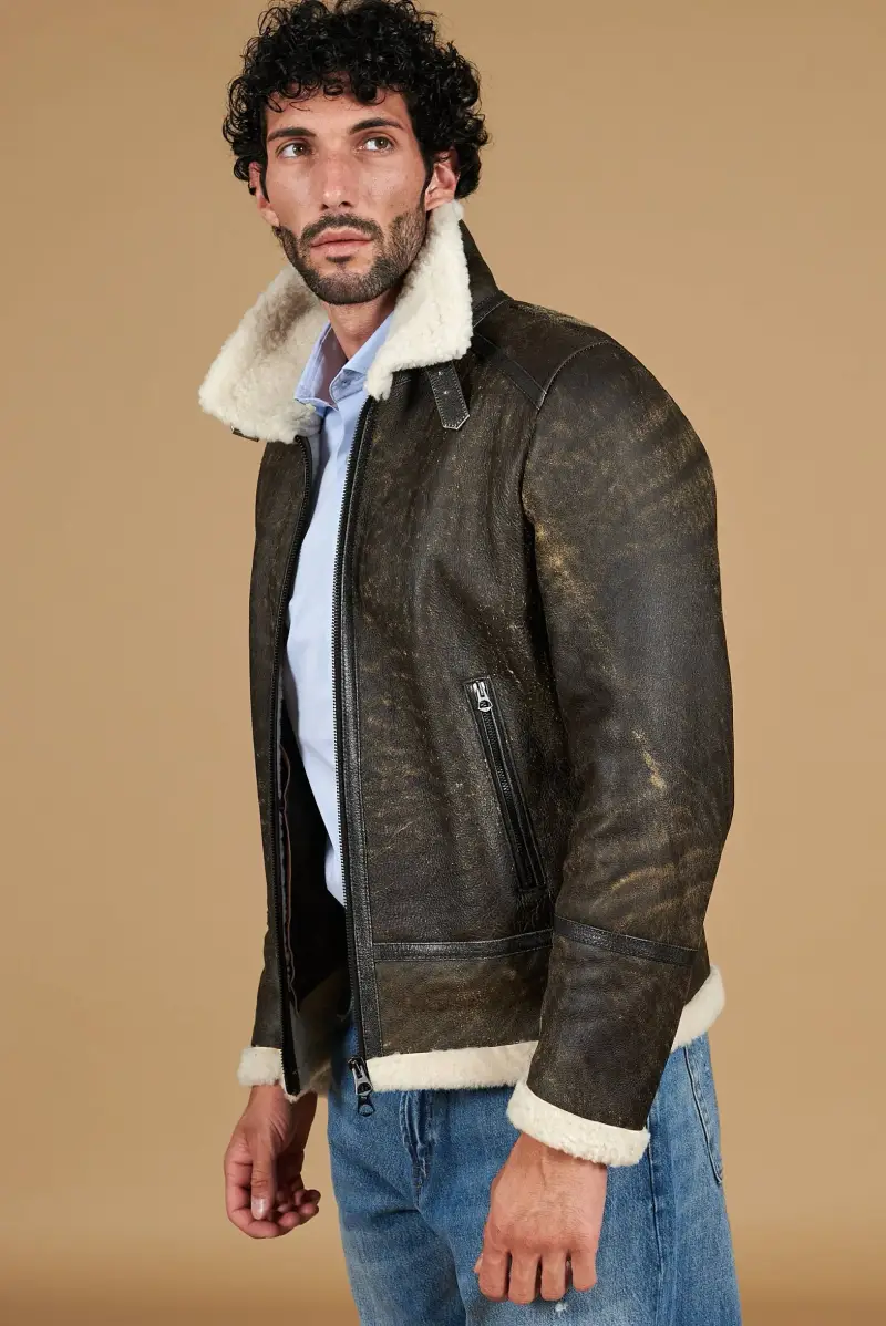 Montone testa di moro shearling biker uomo collo camicia con fibbia D Arienzo, Seleziona Testa di moro