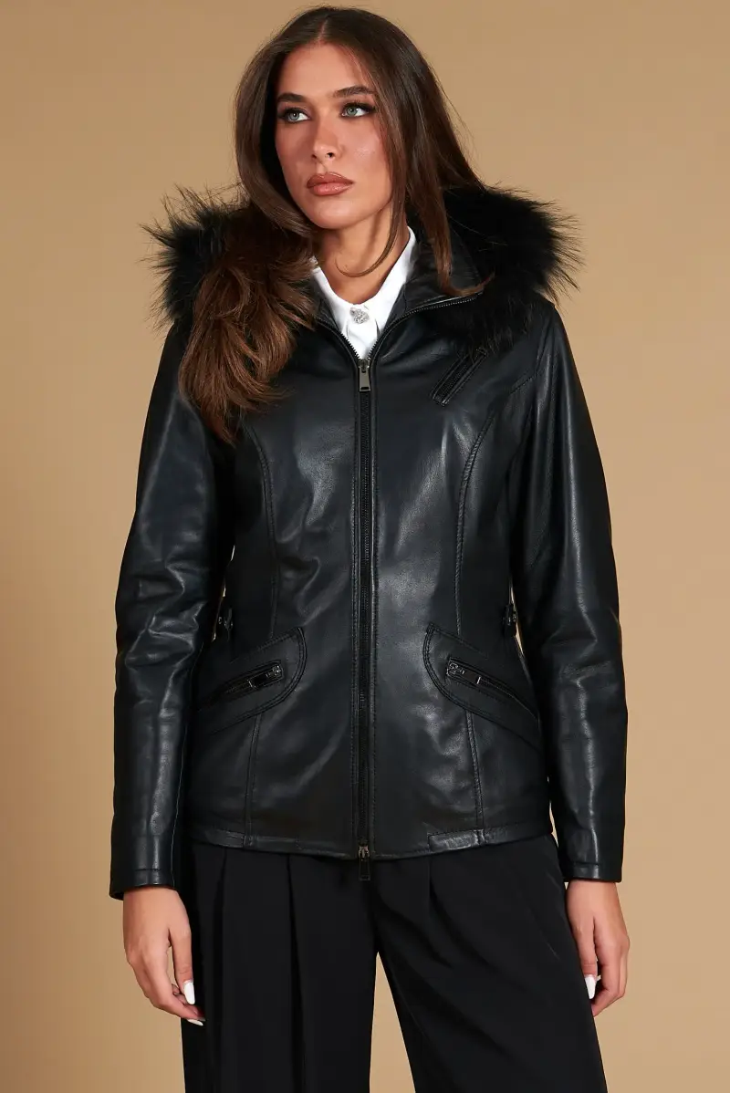 Parka in pelle nera con cappuccio in pelliccia effetto liscio D Arienzo, Seleziona Nero