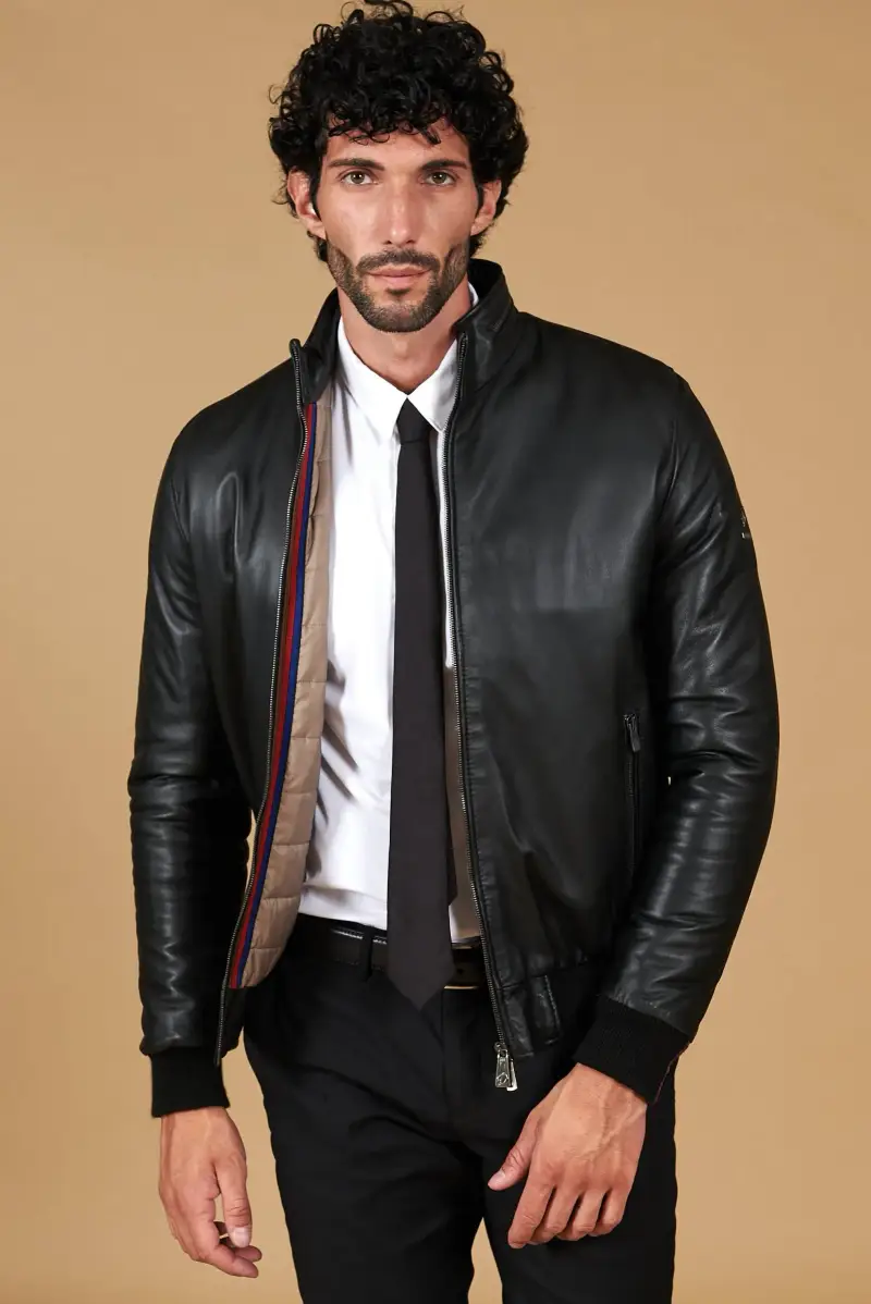 Piumino bomber in pelle nera collo coreana con cerniera D Arienzo, Seleziona Nero