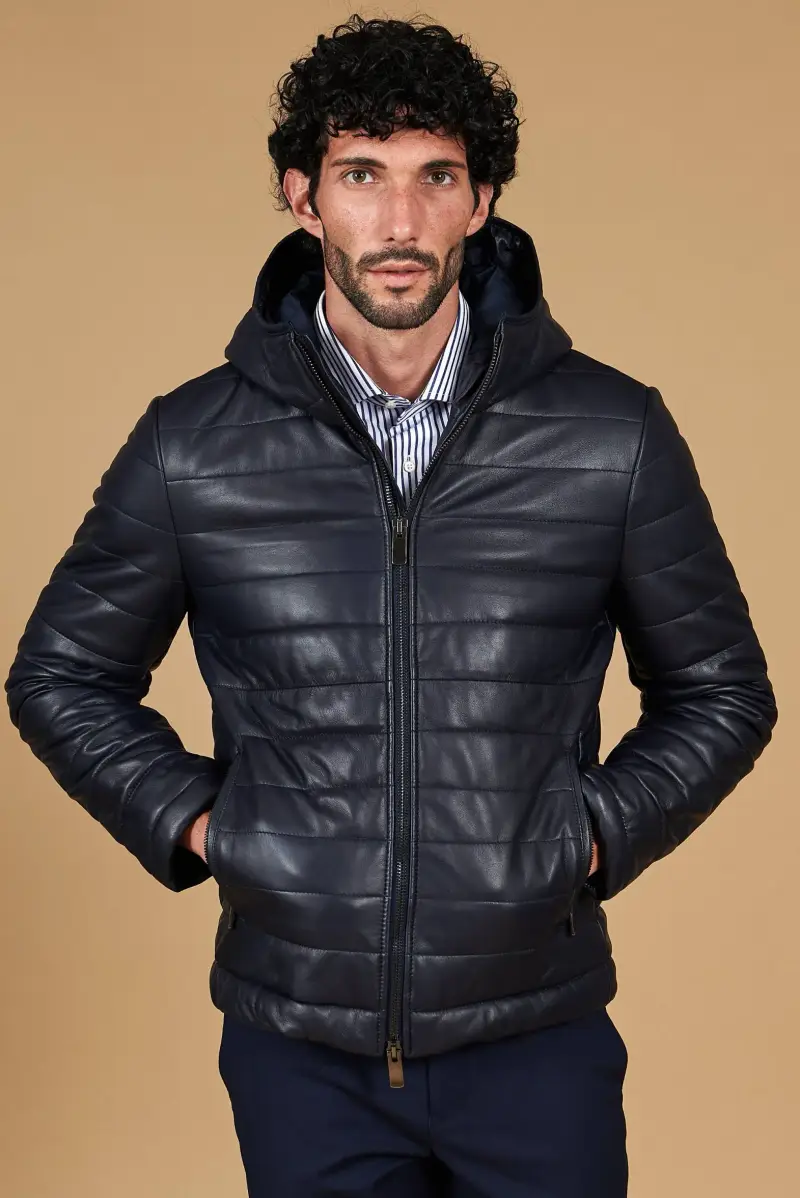 Piumino in pelle blu con cappuccio D'Arienzo, Seleziona Blu