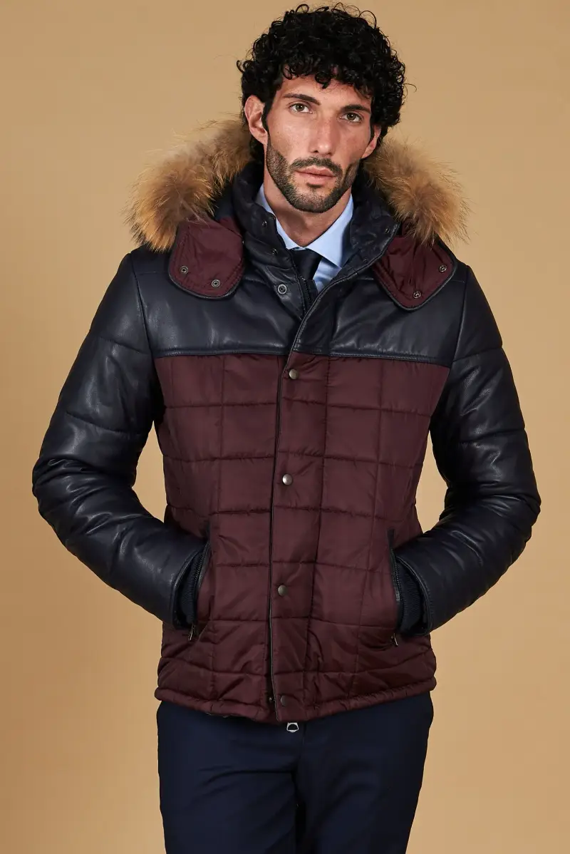 Piumino in pelle blu e tessuto con cappuccio in pelliccia D'Arienzo, Seleziona Blu