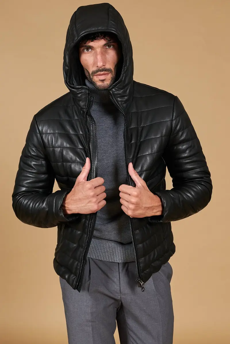 Piumino in pelle nera con cappuccio D'Arienzo, Seleziona Nero