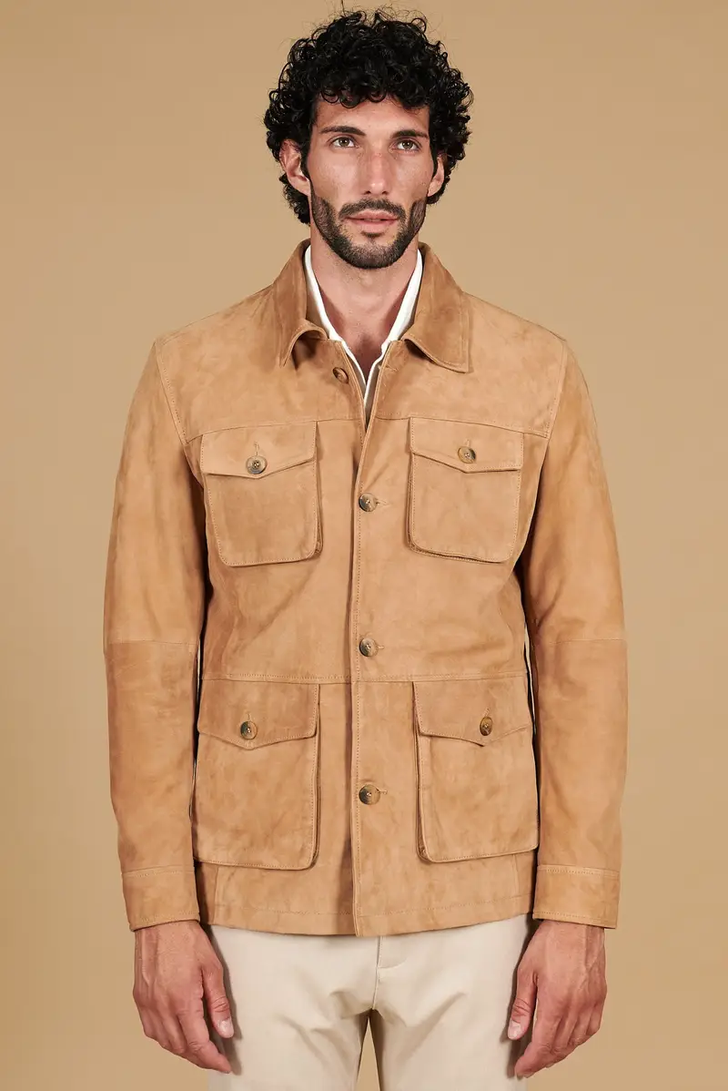 Sahariana camoscio beige uomo con tasche applicate D'Arienzo, Seleziona Beige