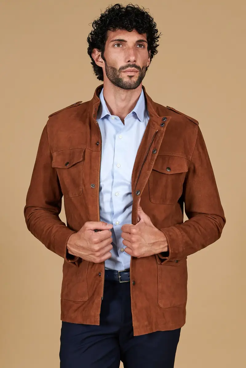 Sahariana camoscio color cuoio uomo con tasche applicate D'Arienzo, Seleziona Cuoio