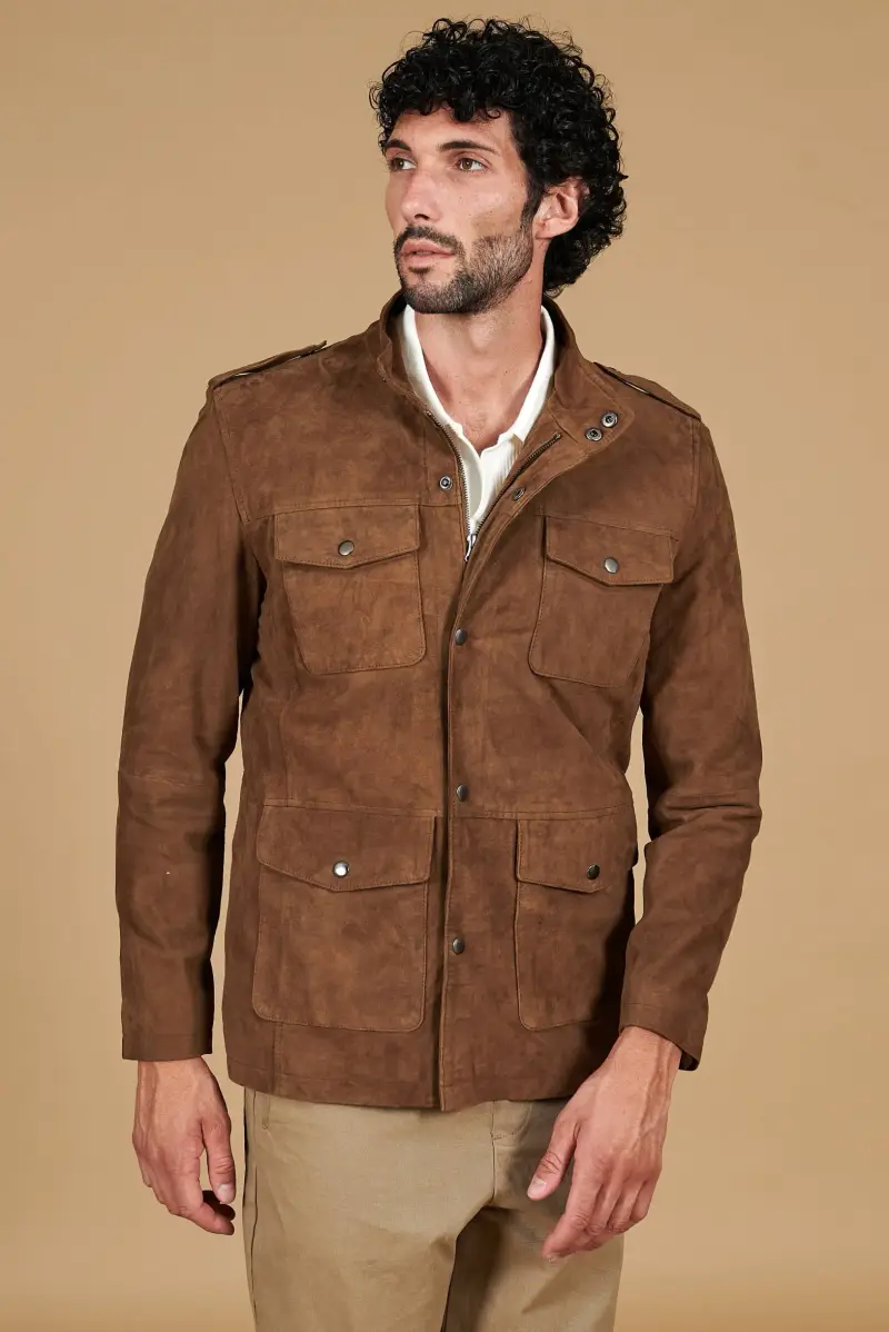 Sahariana camoscio color fango uomo con tasche applicate D Arienzo, Seleziona Fango