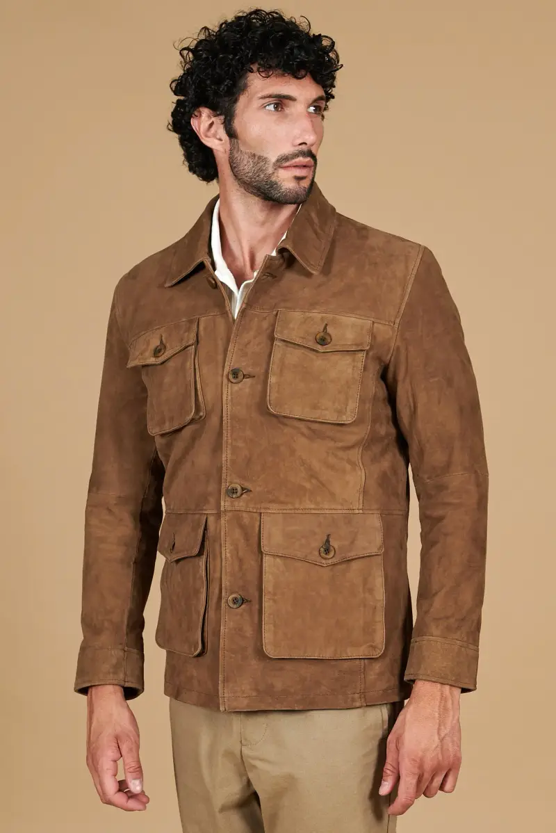 Sahariana camoscio color fango uomo con tasche applicate D Arienzo, Seleziona Fango