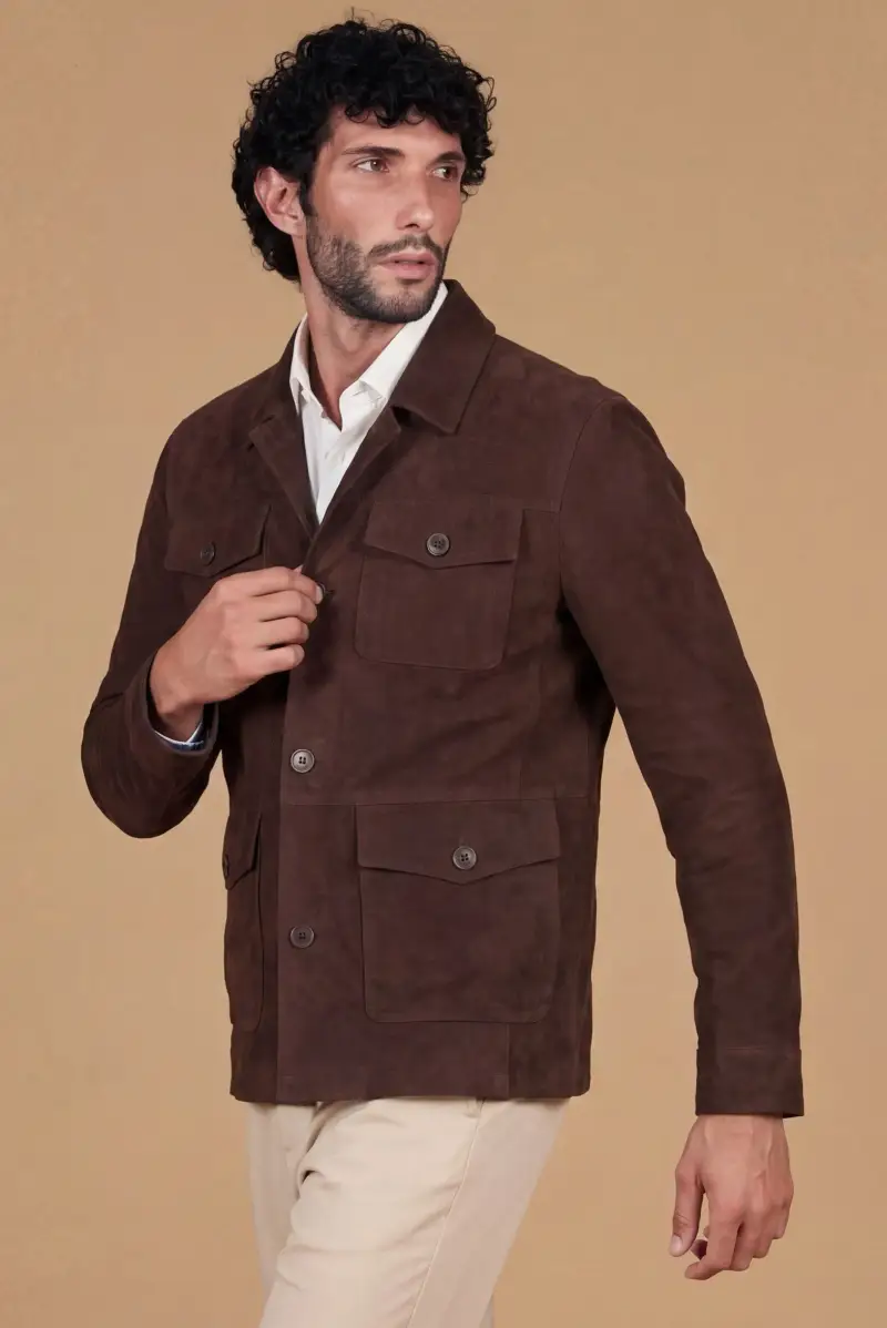 Sahariana camoscio testa di moro uomo con tasche applicate D Arienzo, Seleziona Testa di moro