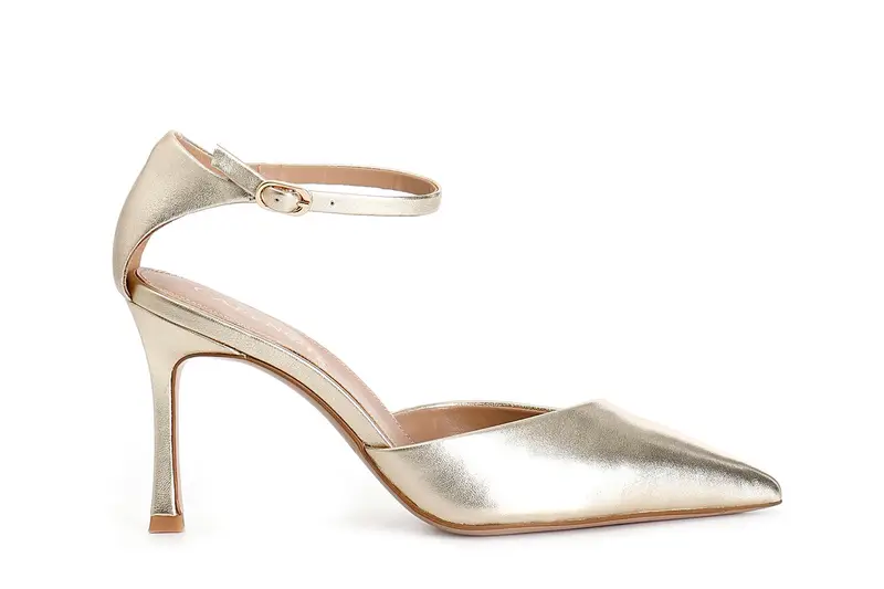 décollété in pelle laminata con laccio alla caviglia platino