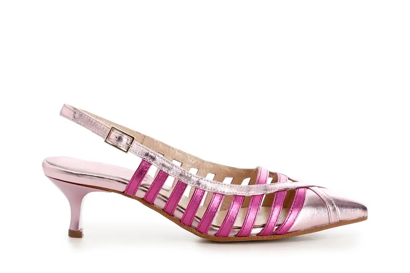 dècollète in pelle laminata con fasce laterali multi fuxia