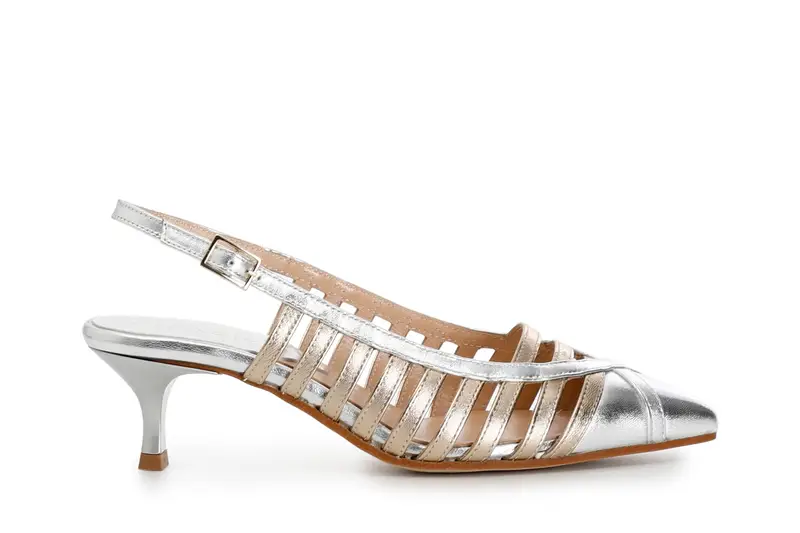 dècollète in pelle laminata con fasce laterali multi platino