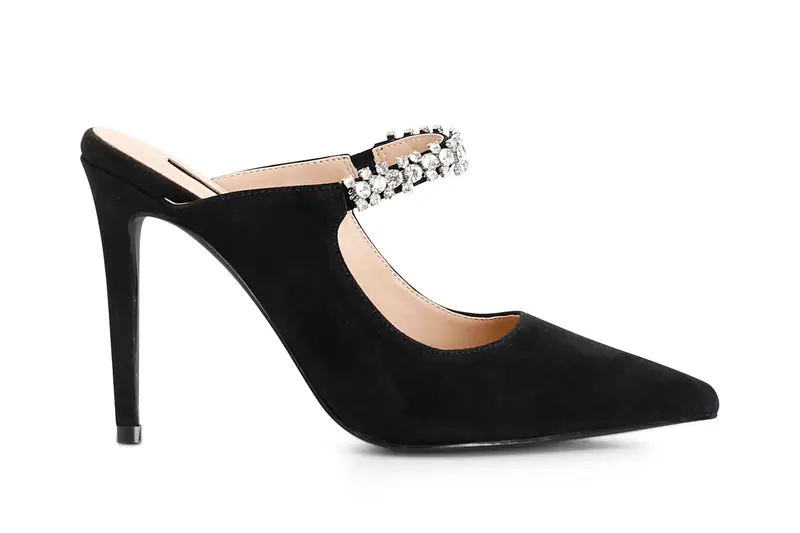 dècollète in pelle scamosciata aperte dietro con strass nero