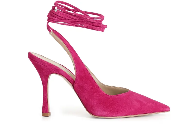 dècollète in pelle scamosciata e lacci fuxia