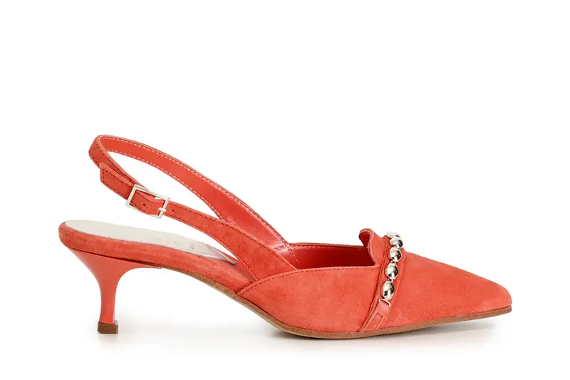 dècollète in suede con punta affusolata e catena decorativa arancio