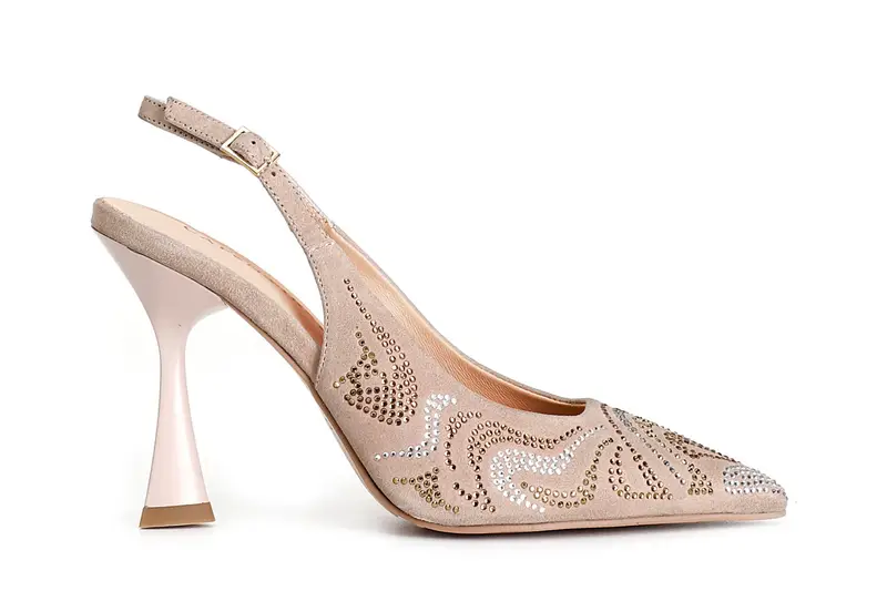 décolleté aperta dietro in camoscio con micro borchie cipria