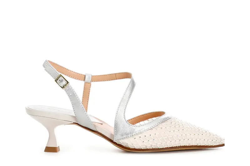 décolleté aperta dietro modello asimmetrico retina con strass davanti bianco/argento 37