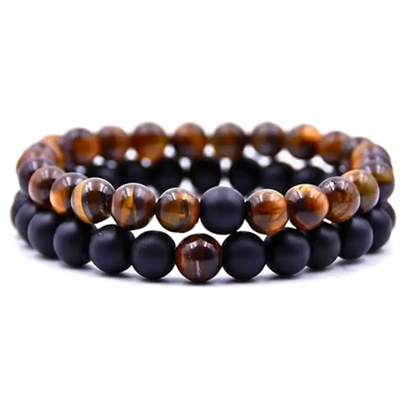 DAC Bracciale Uomo 2 pezzi Con Pietre Naturali Braccialetto Scatola Regalo Fidanzato Donna Chakra con Vere Pietre Naturali Tibetano Yoga Gioielli (EYE + NERO)
