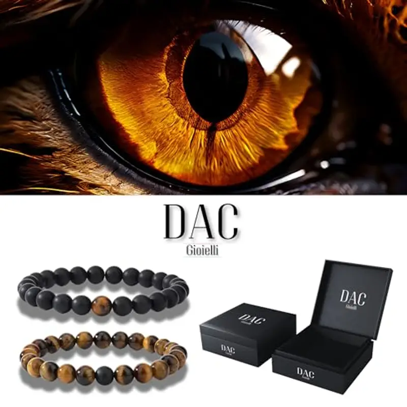DAC Bracciale Uomo 2 pezzi Con Pietre Naturali Braccialetto Scatola Regalo Fidanzato Donna Chakra con Vere Pietre Naturali Tibetano Yoga Gioielli (EYE + NERO) miniatura 2